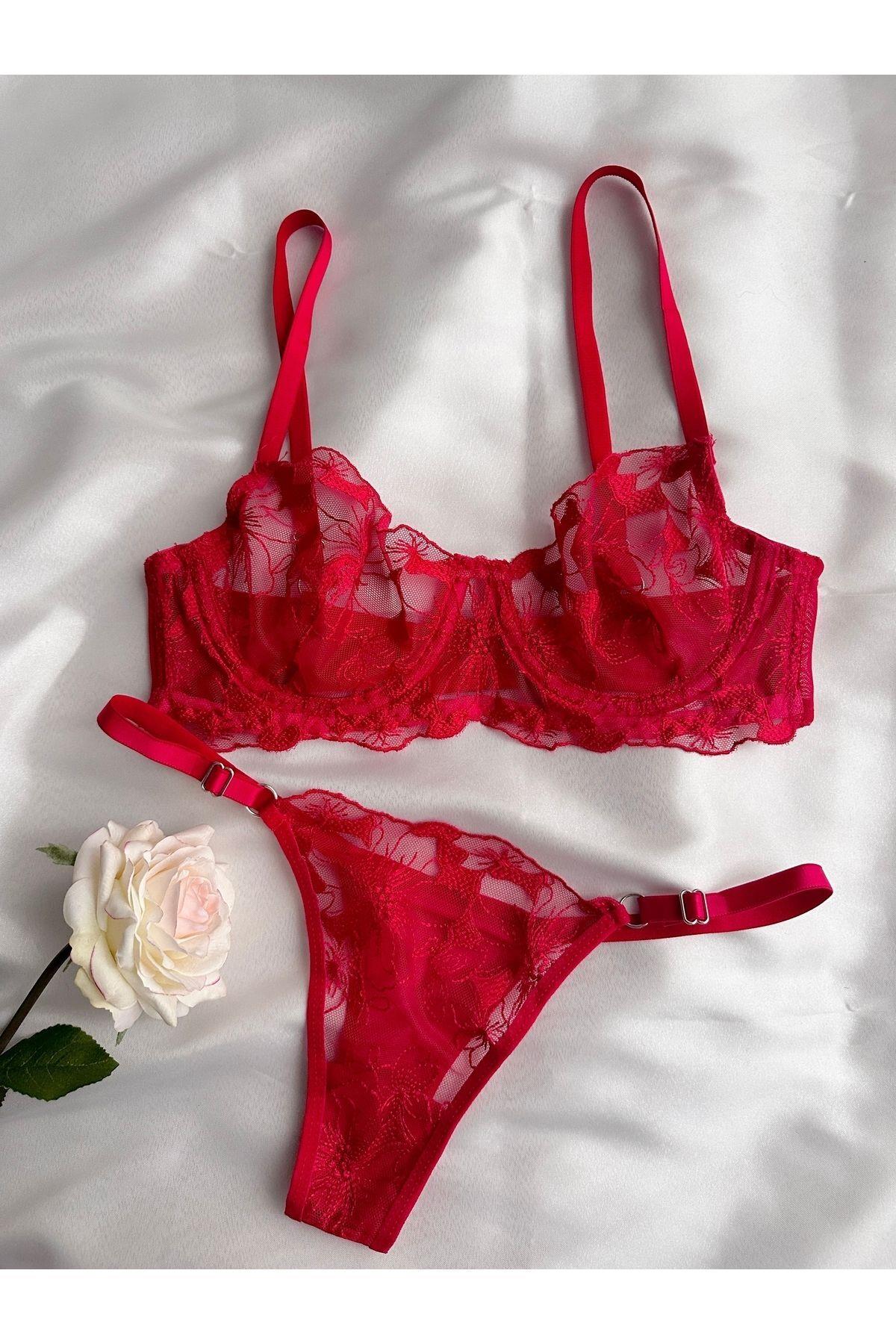 Red Embroidered Bralette Set with Floral Details
