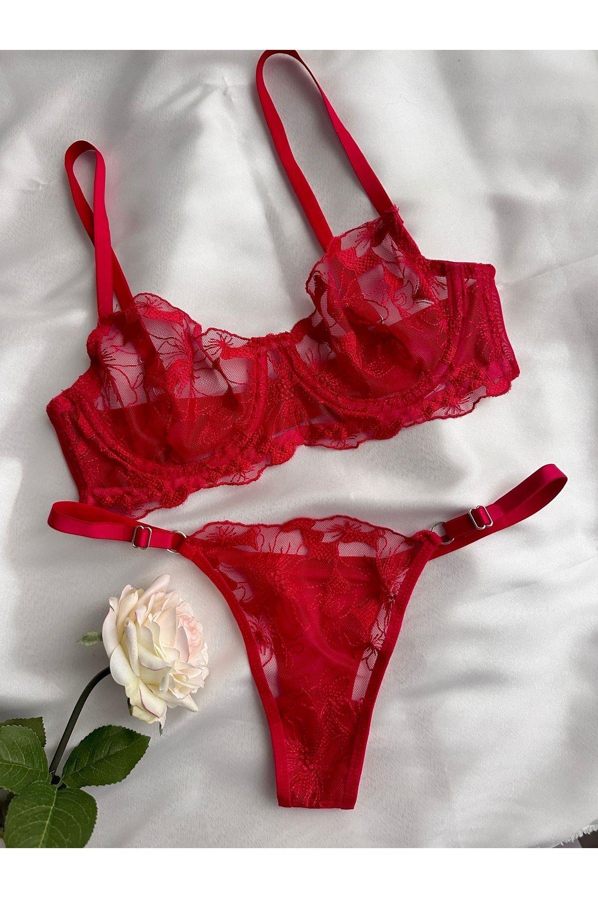 Red Embroidered Bralette Set with Floral Details