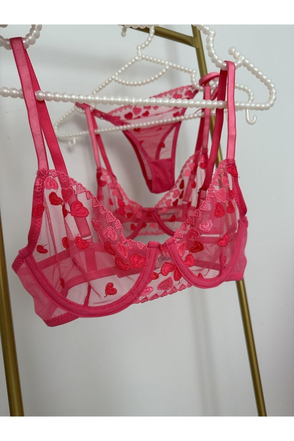Pink Bralette Set with Heart Pattern