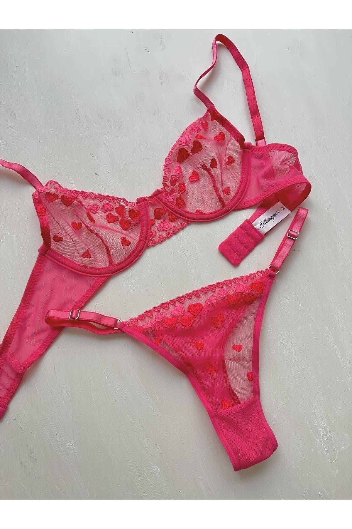 Kalp Desenli Pembe Bralet Takımı