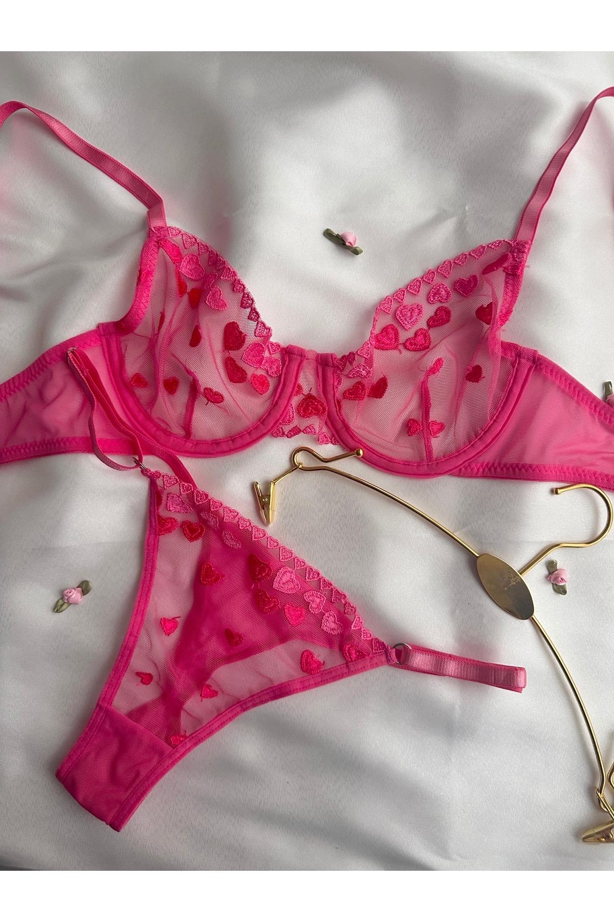 Kalp Desenli Pembe Bralet Takımı