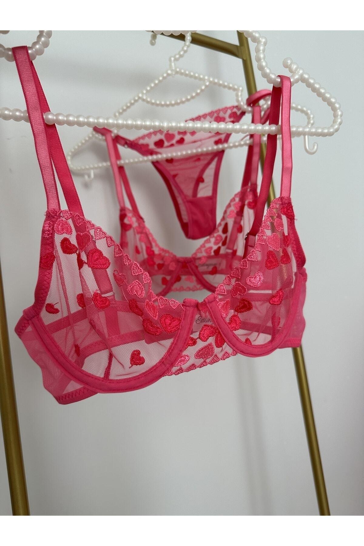 Kalp Desenli Pembe Bralet Takımı