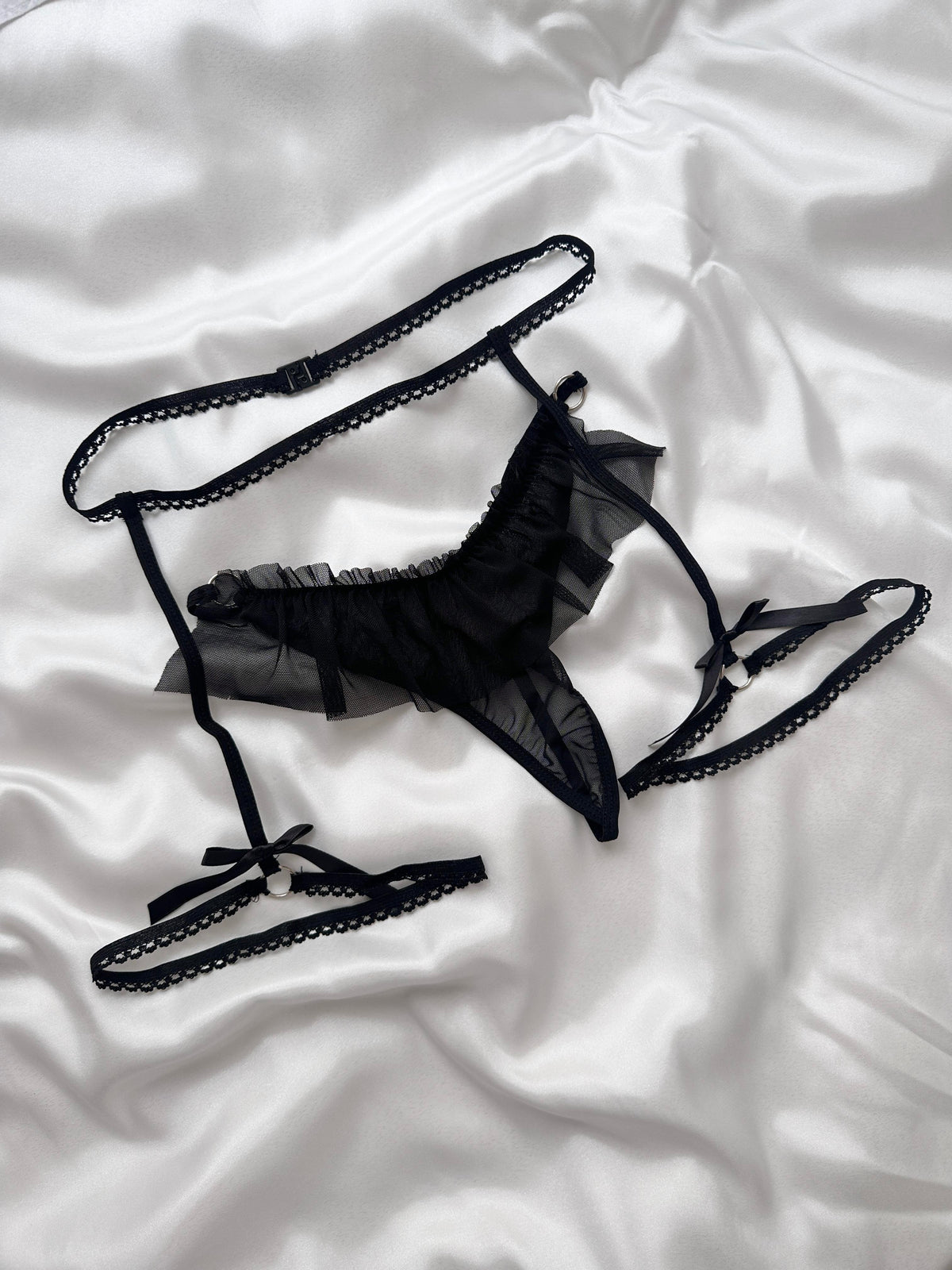 Black Tulle Panty Set with Leg Accessories and Rhinestones