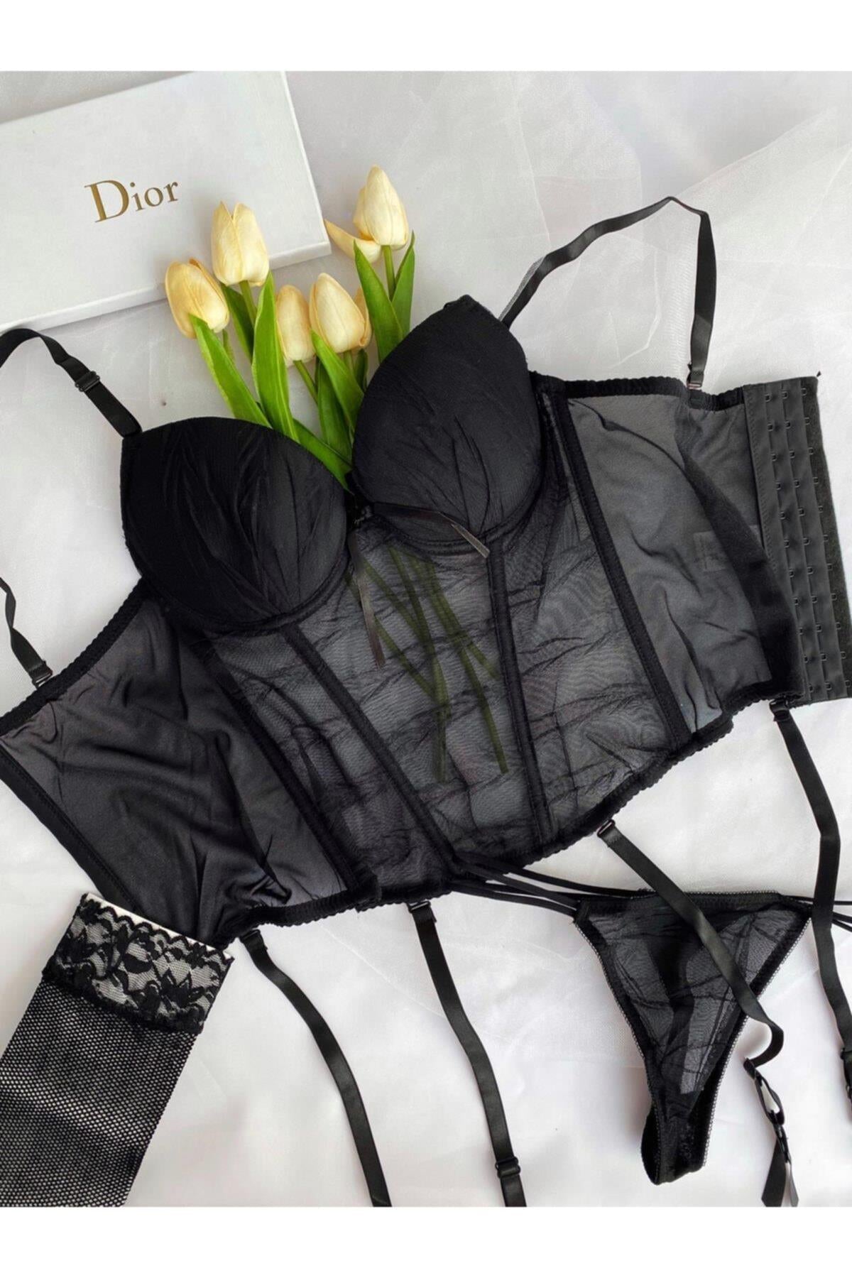 Siyah Balenli Vintage Korse Jartiyer Seti