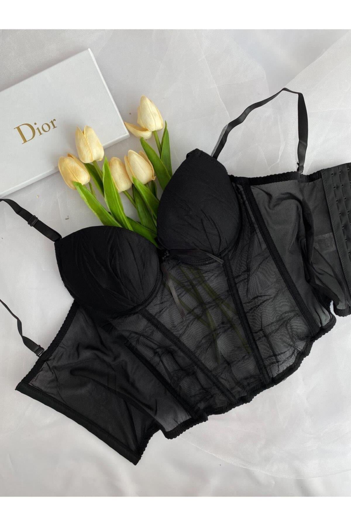 Siyah Balenli Vintage Korse Jartiyer Seti