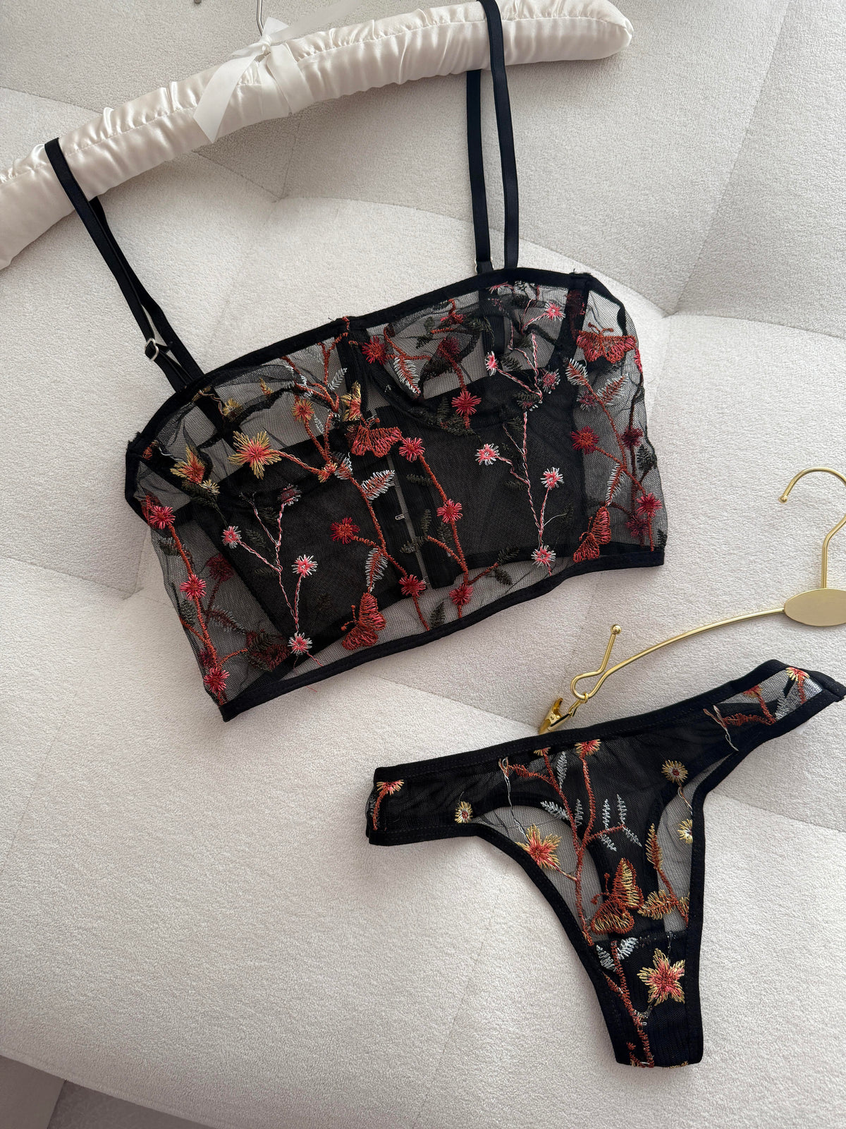 Black Embroidered Bralette Set with Detailed Embroidery