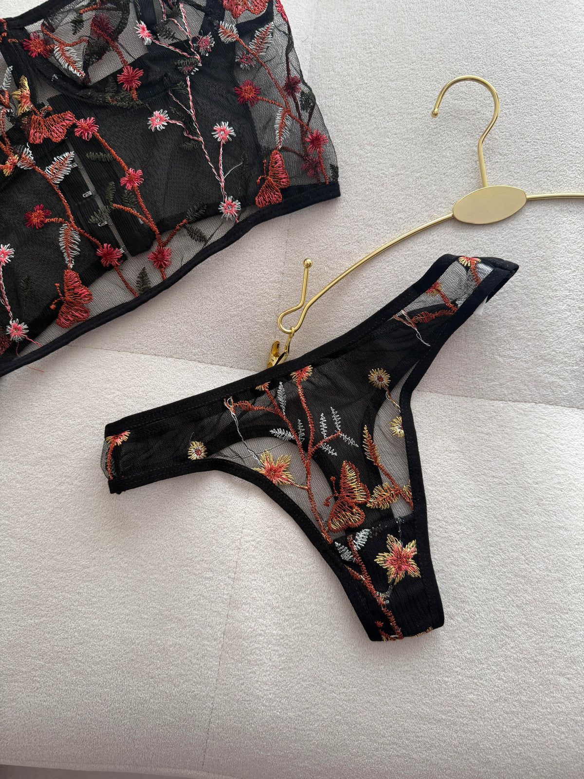 Black Embroidered Bralette Set with Detailed Embroidery