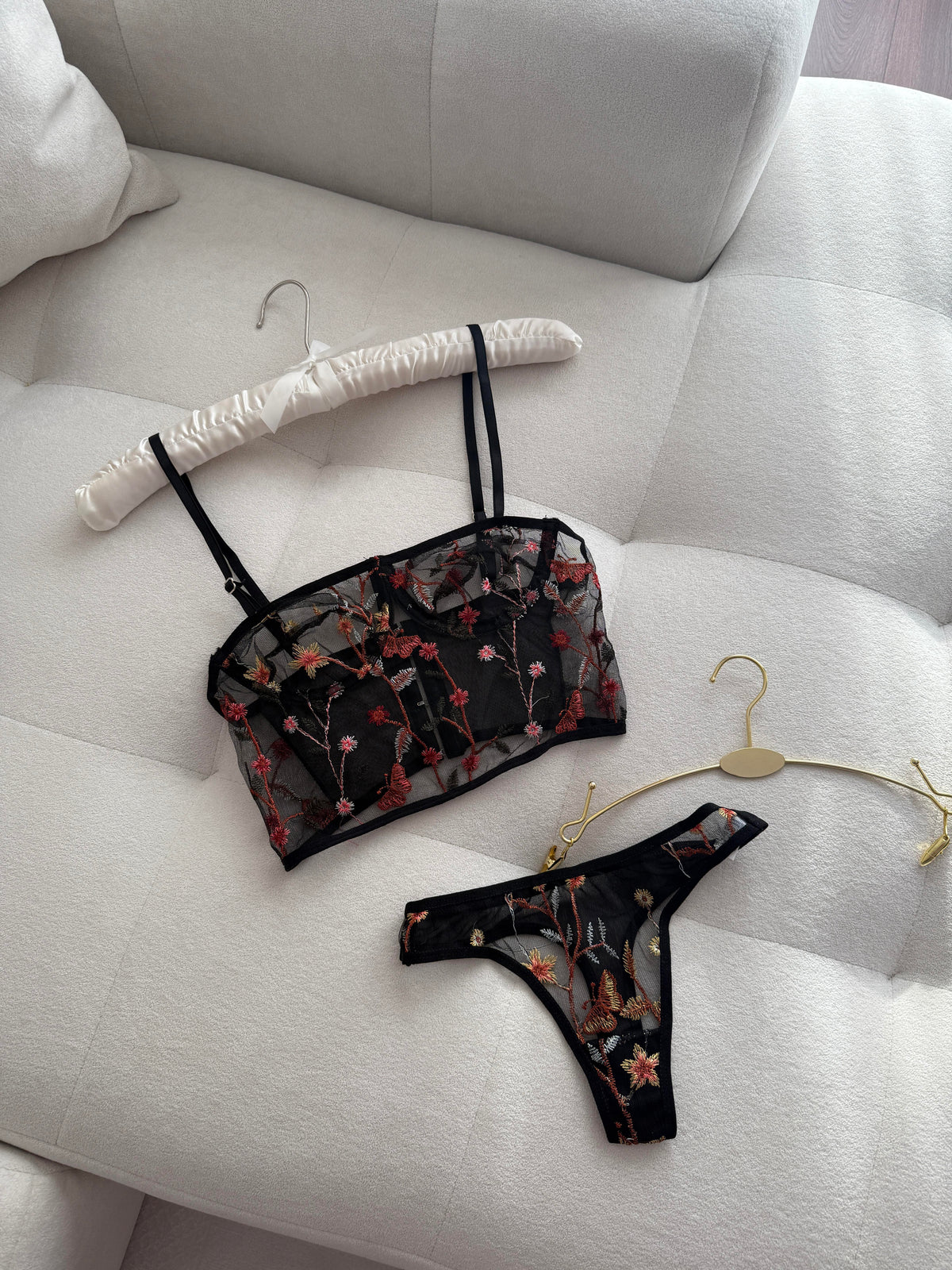 Black Embroidered Bralette Set with Detailed Embroidery
