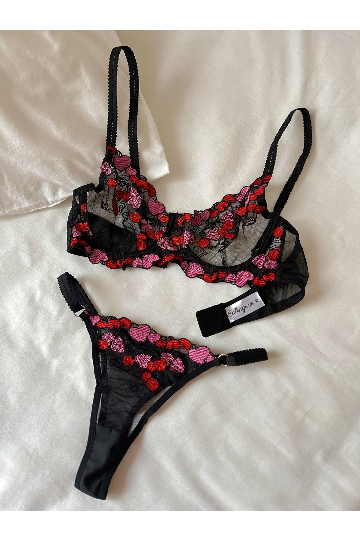 Black Heart Patterned Underwired Bralette Set