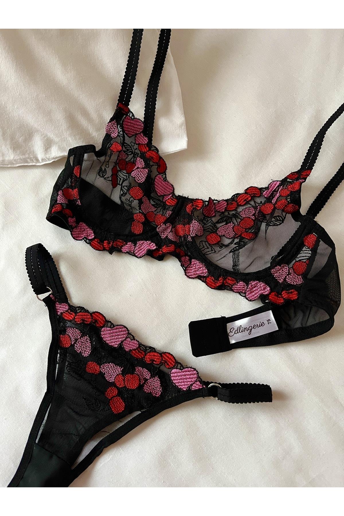 Black Heart Patterned Underwired Bralette Set
