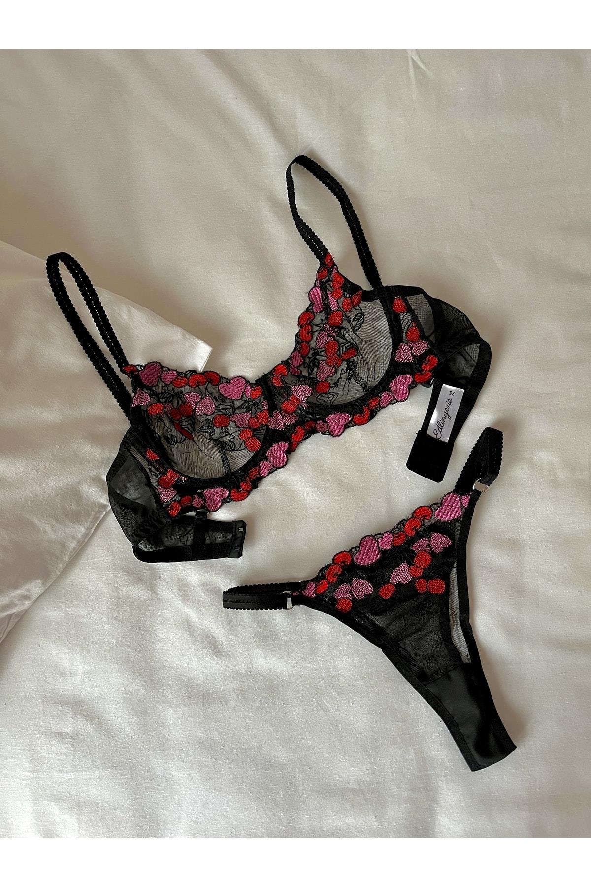 Black Heart Patterned Underwired Bralette Set