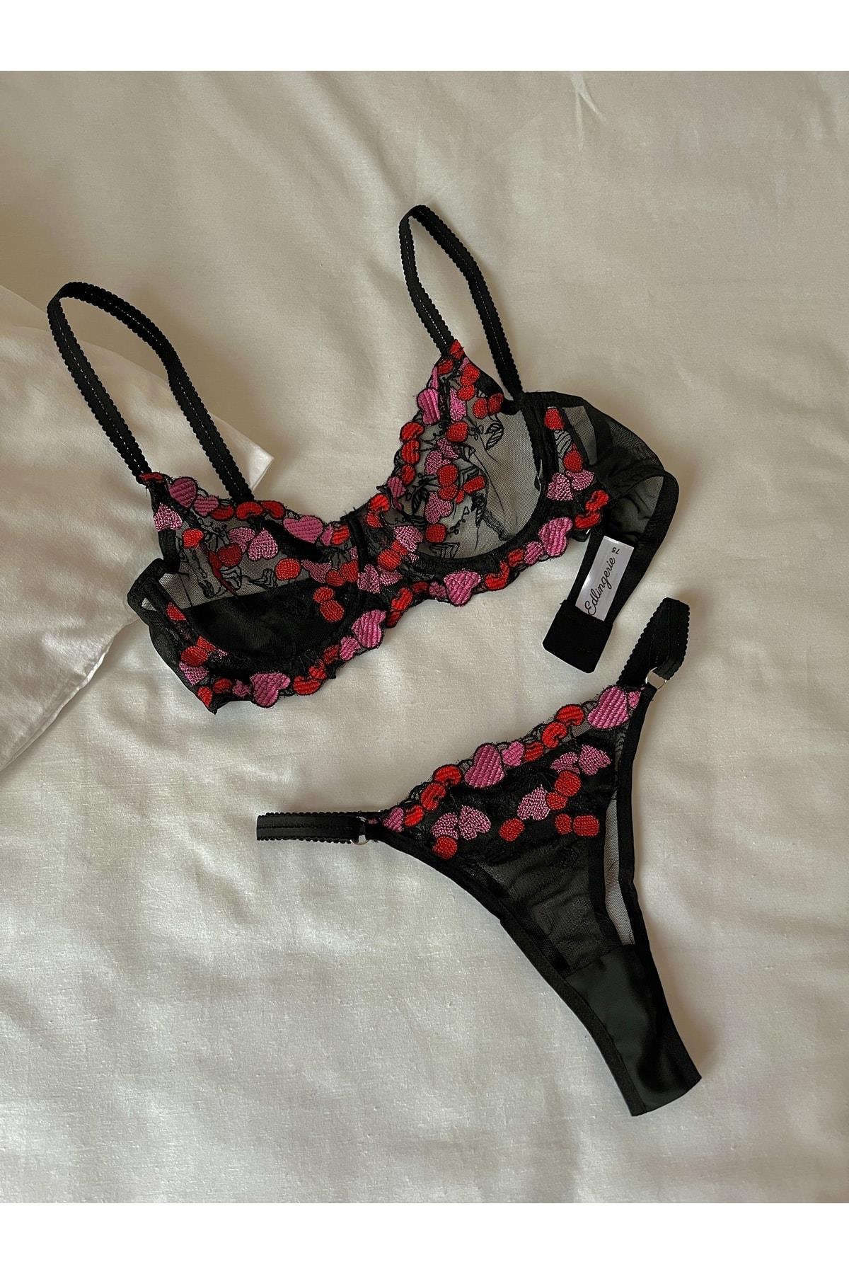 Black Heart Patterned Underwired Bralette Set