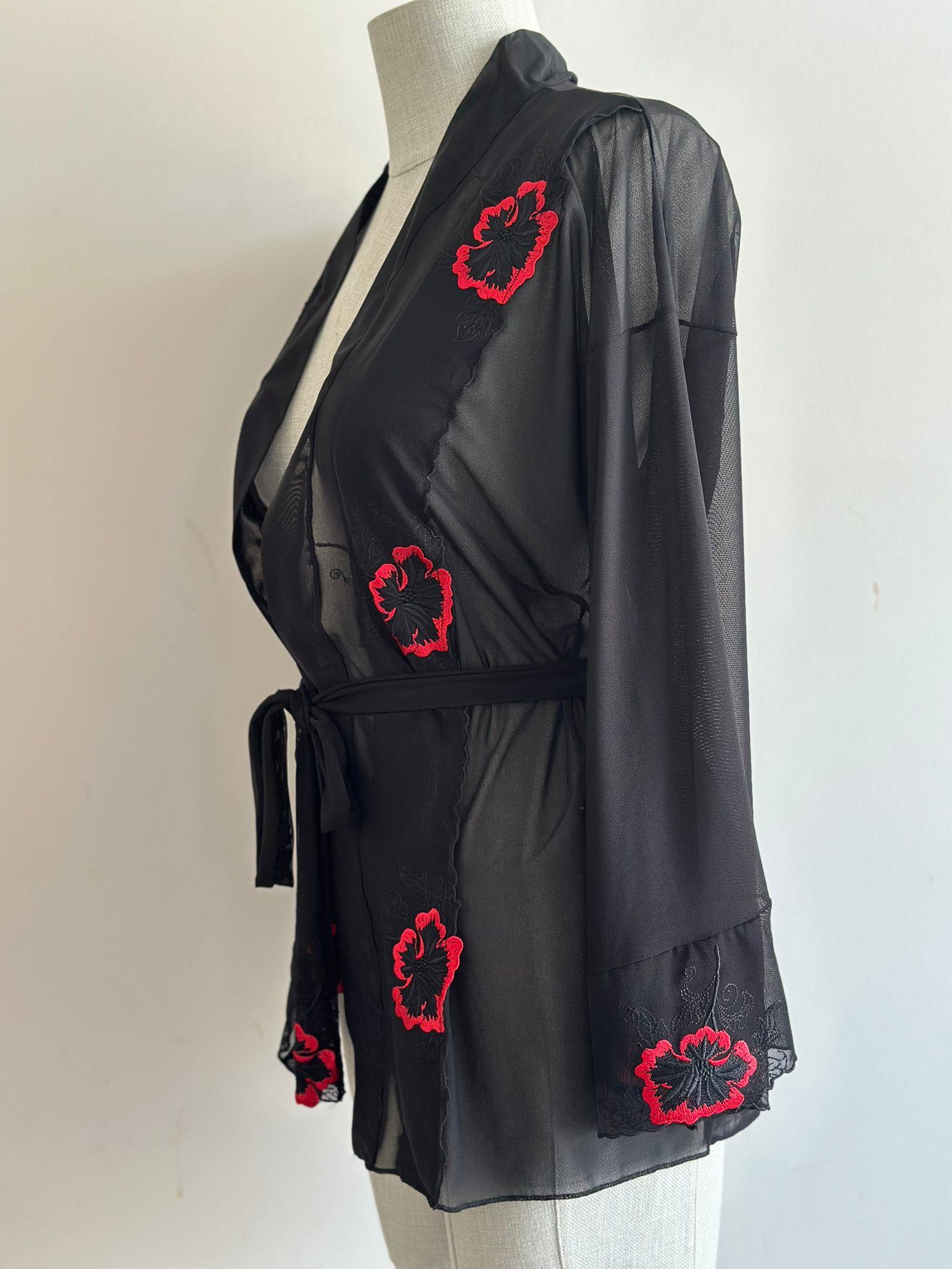 Black and Red Lace Detail Robe
