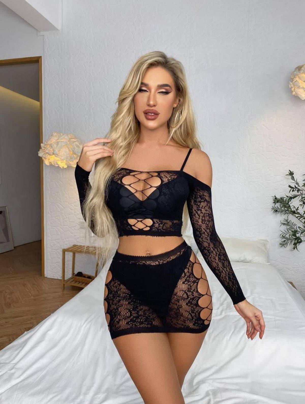Siyah Mini Etek Takım(Vücut Çorabı) w556