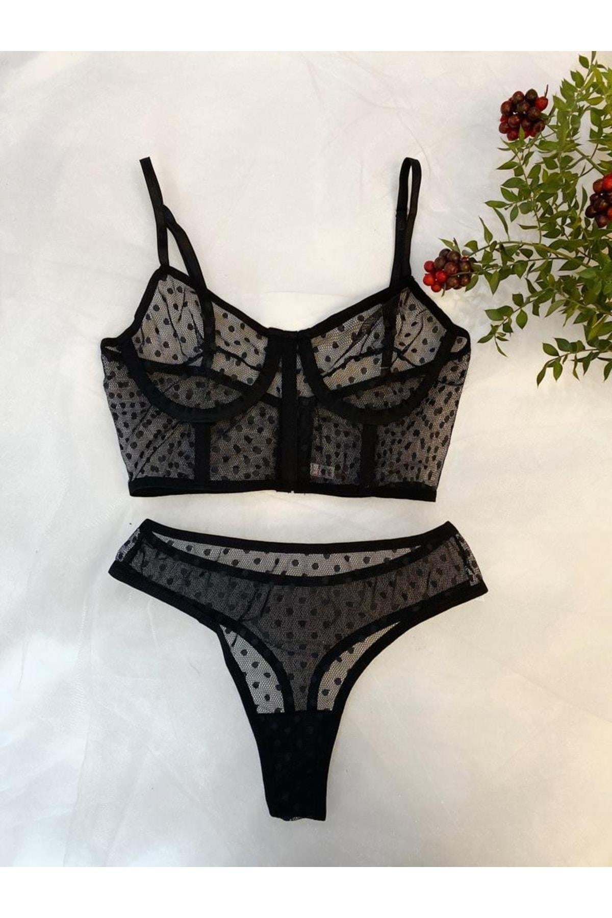 Black Polka Dot Bralette Set