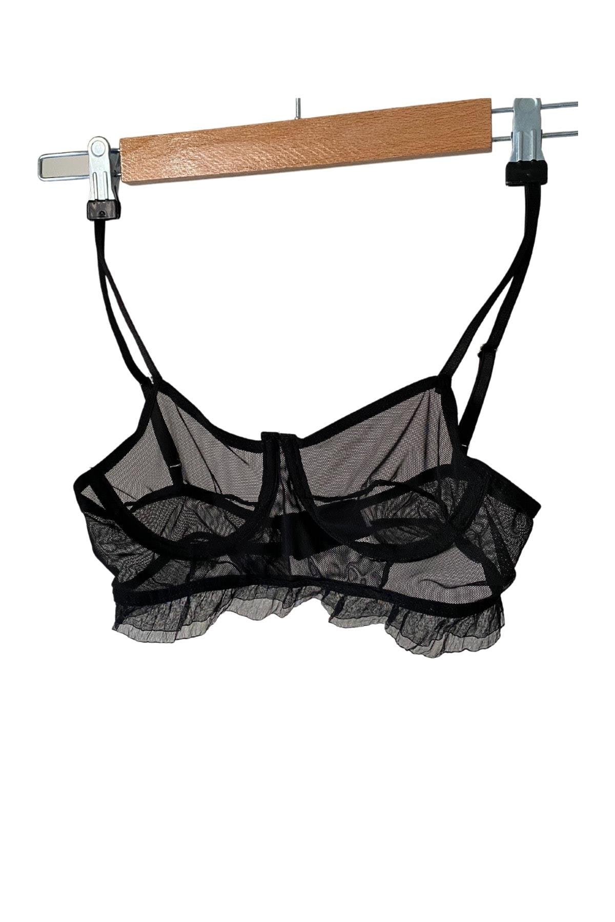 Black Tulle Underwired Bralette with Ruffle Details