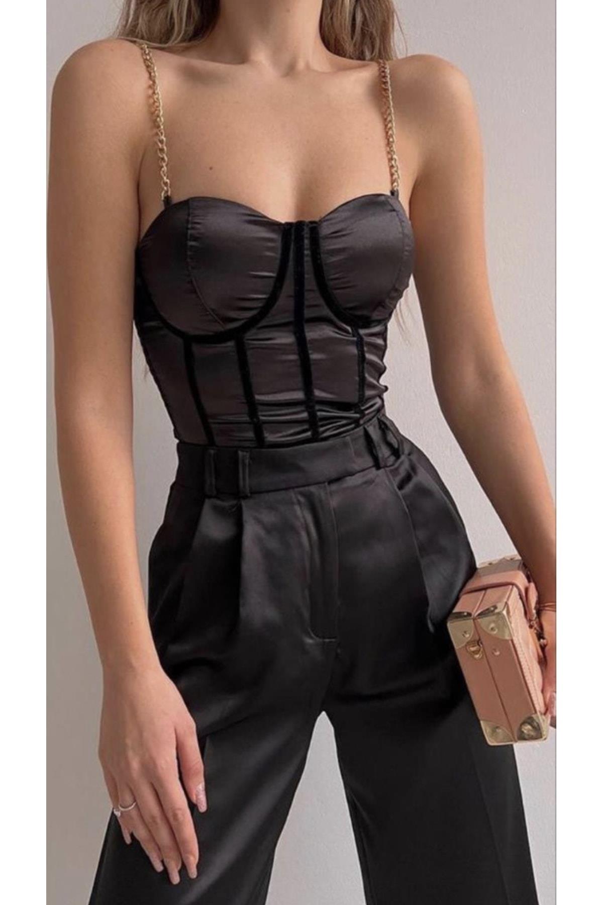Black Satin Bustier with Chain Detail