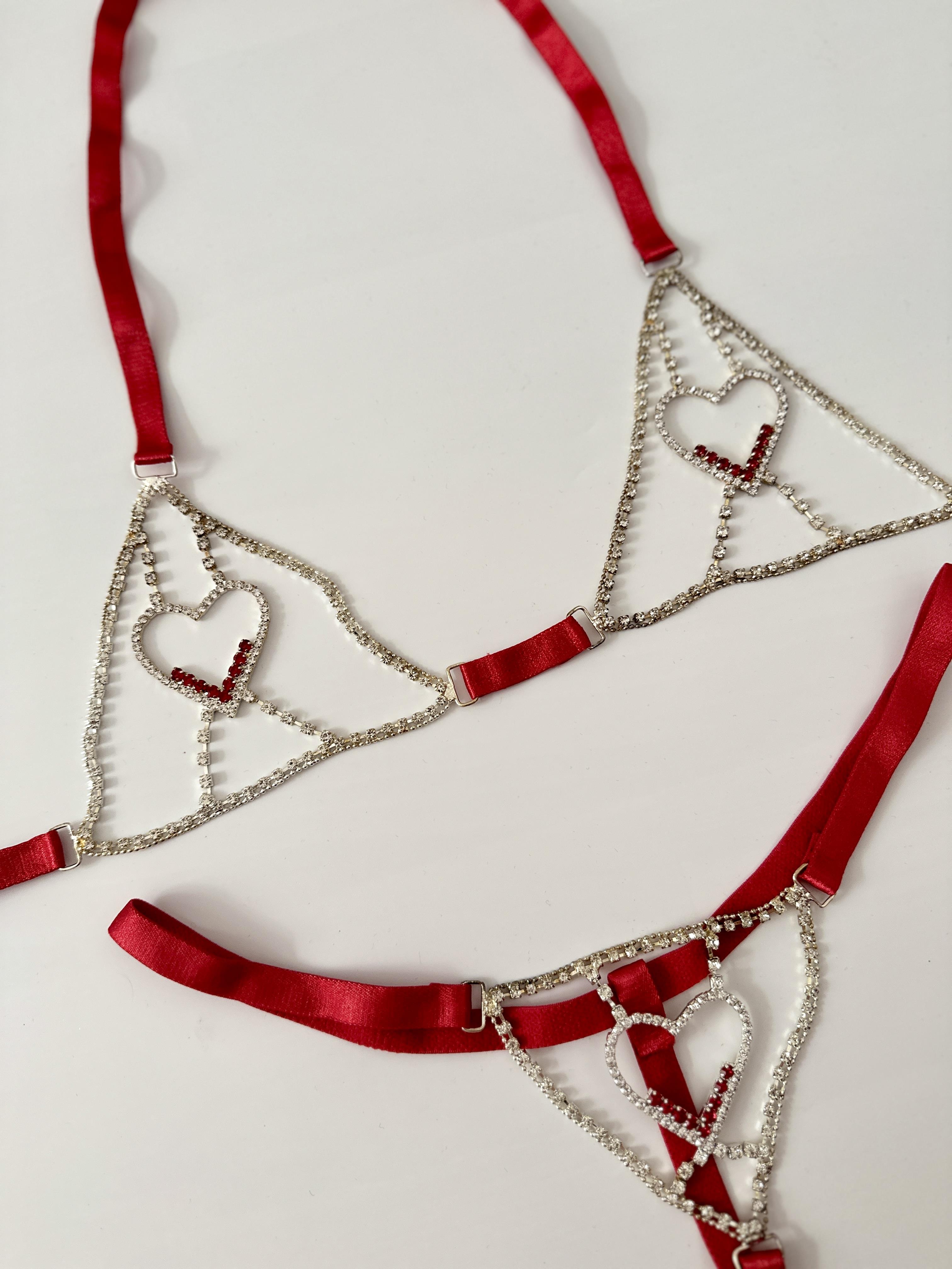 Bralette Set with Rhinestone Heart Detail