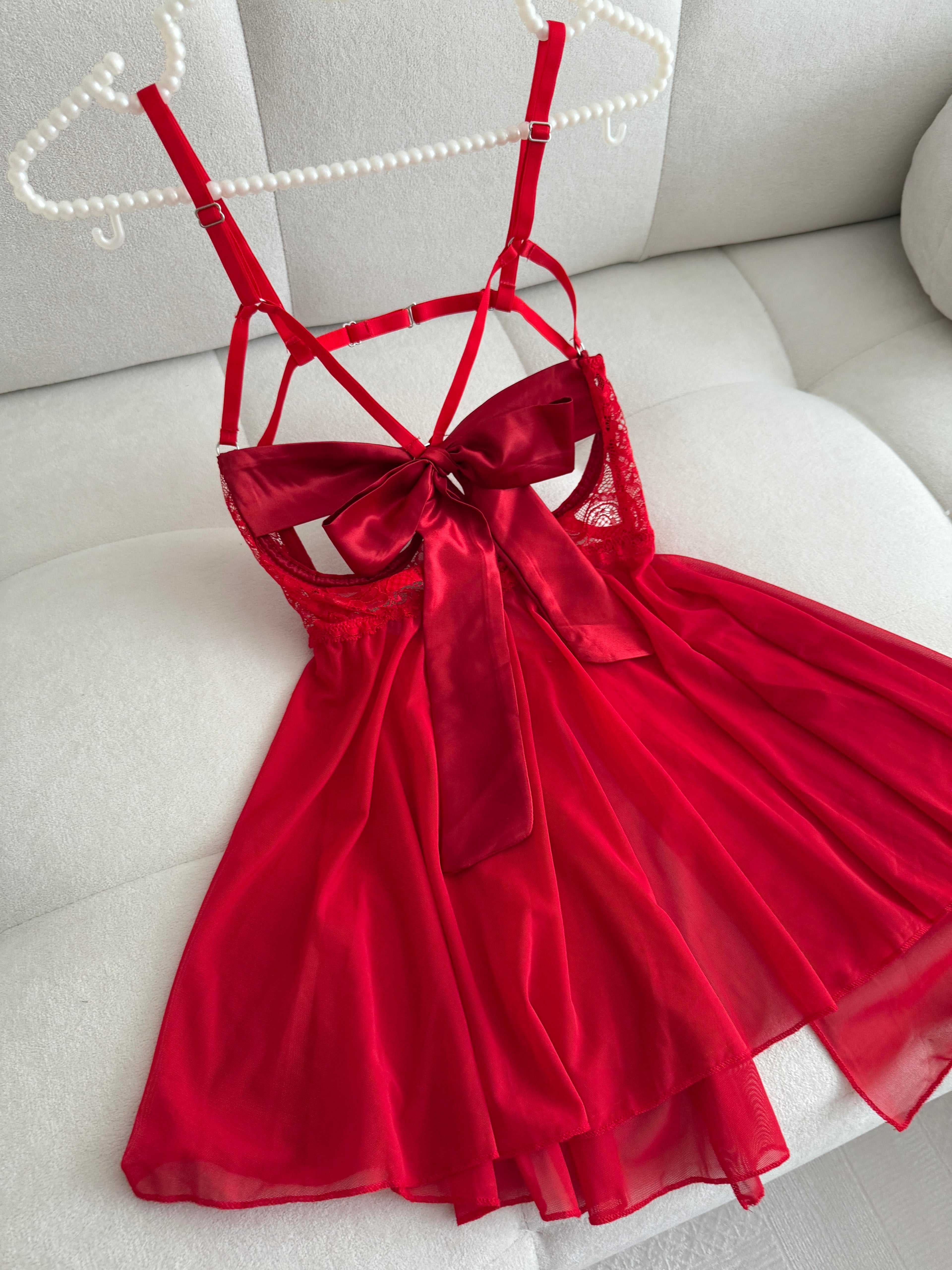 Vanessa Kırmızı Dantelli Saten Babydoll Takımı