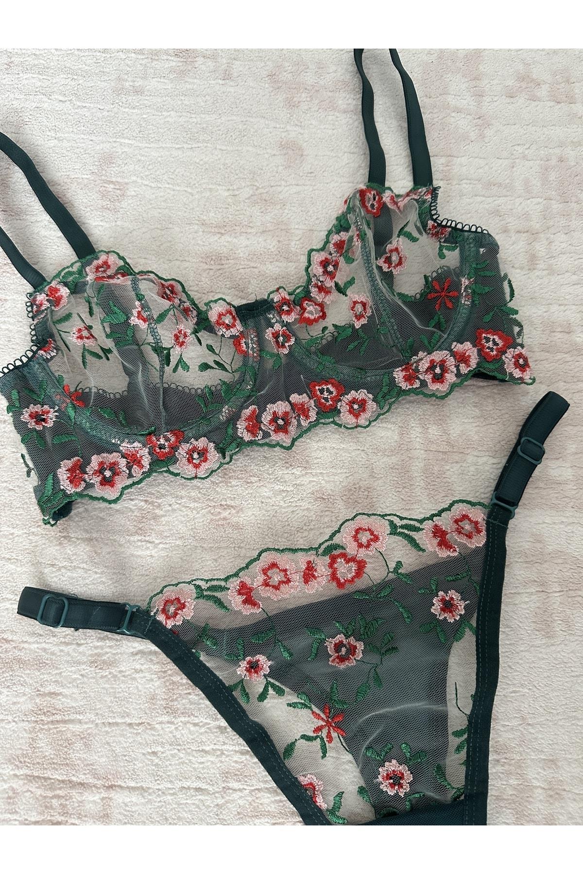 Green Floral Detail Underwired Bralette Set