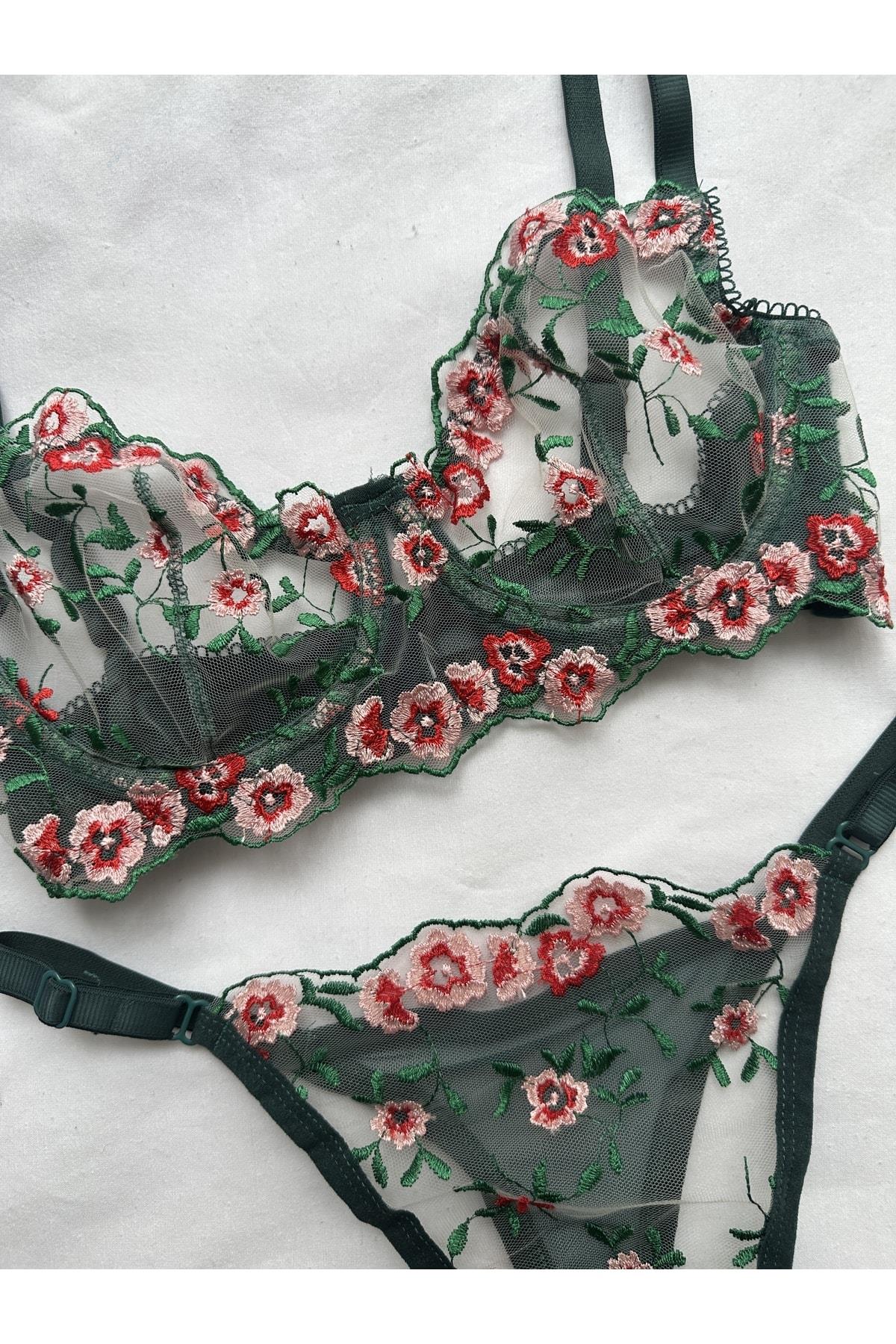 Green Floral Detail Underwired Bralette Set