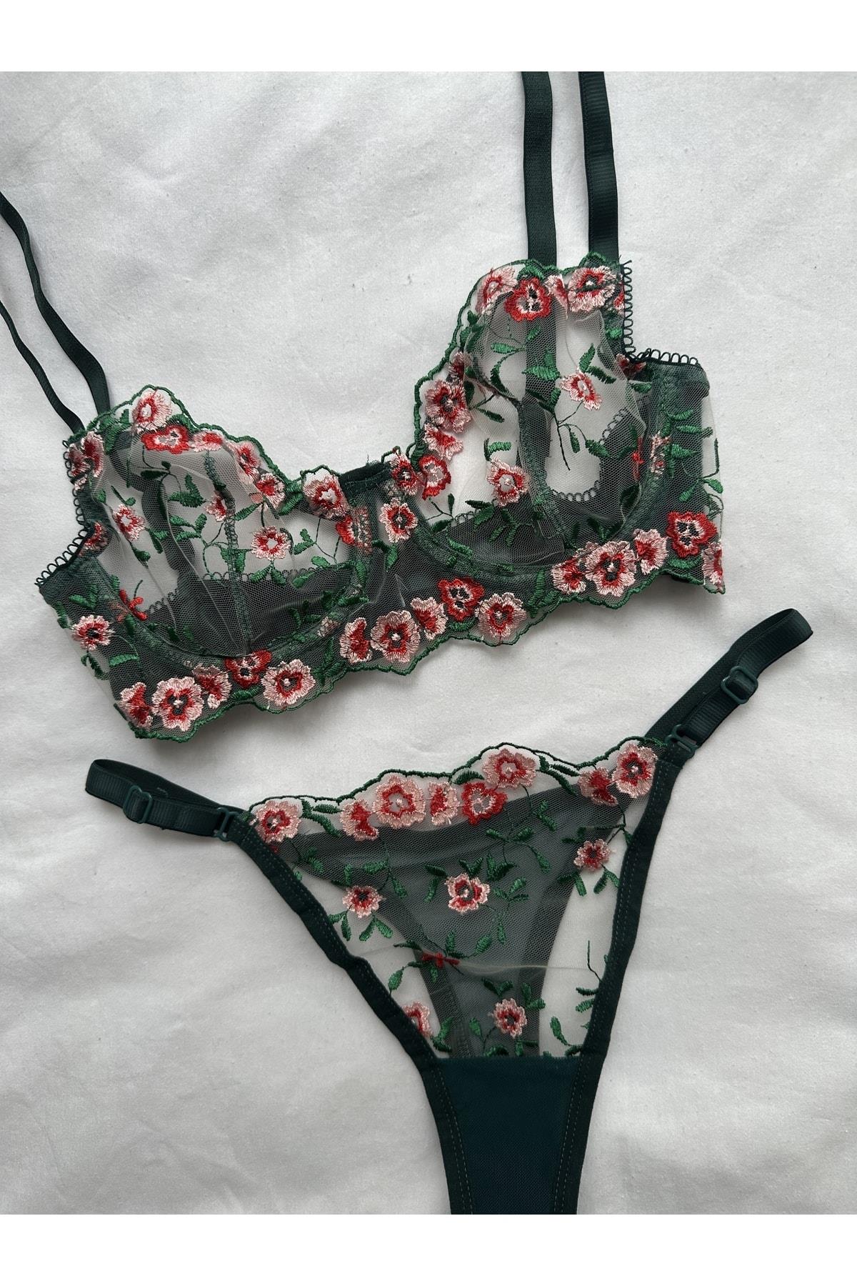 Green Floral Detail Underwired Bralette Set