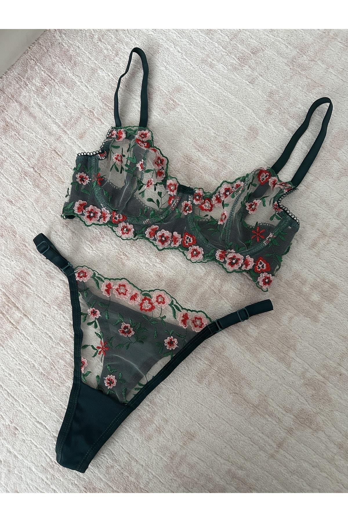 Green Floral Detail Underwired Bralette Set
