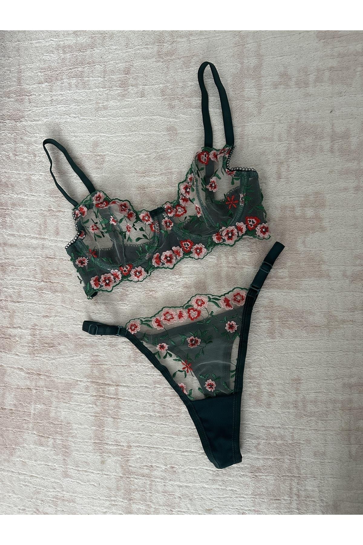 Green Floral Detail Underwired Bralette Set