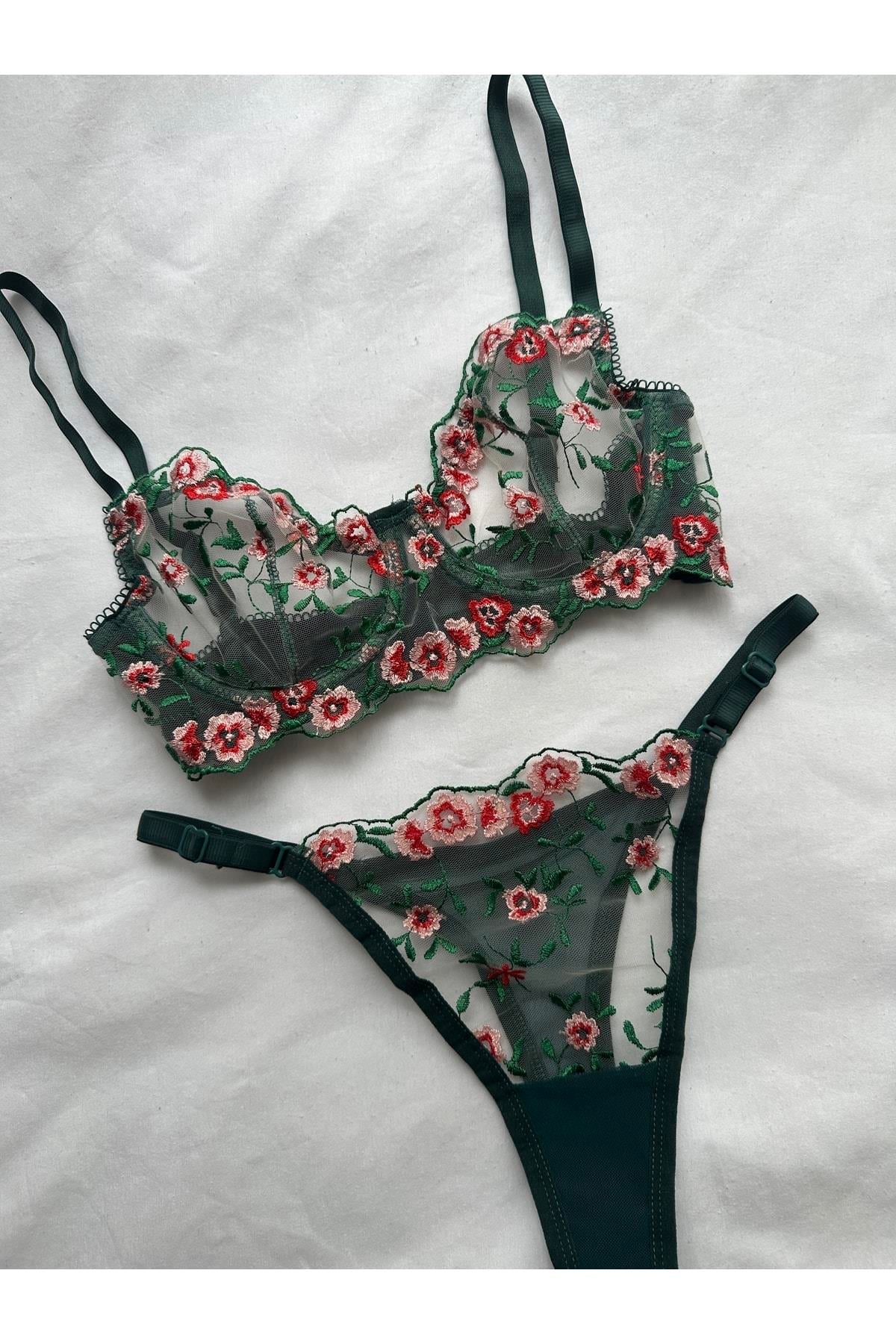 Green Floral Detail Underwired Bralette Set