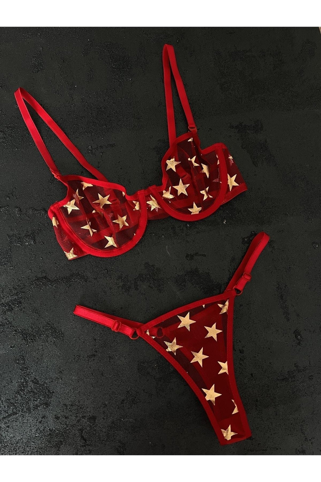 Star Patterned Red Bralette Set