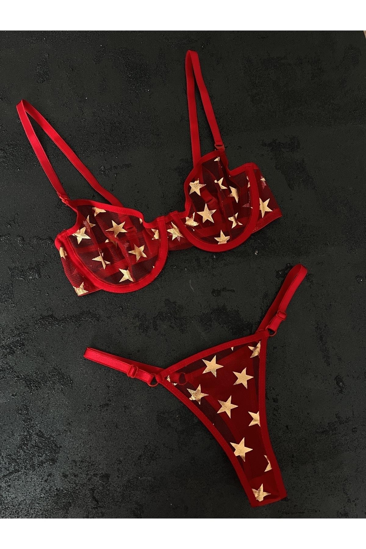 Star Patterned Red Bralette Set