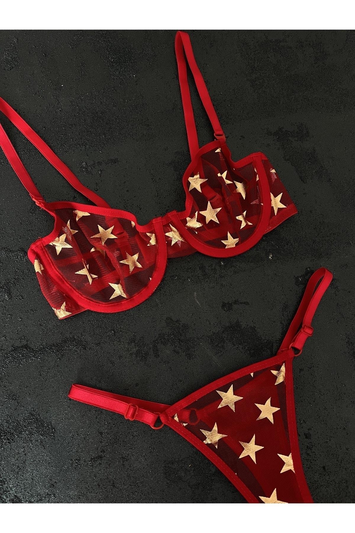 Star Patterned Red Bralette Set