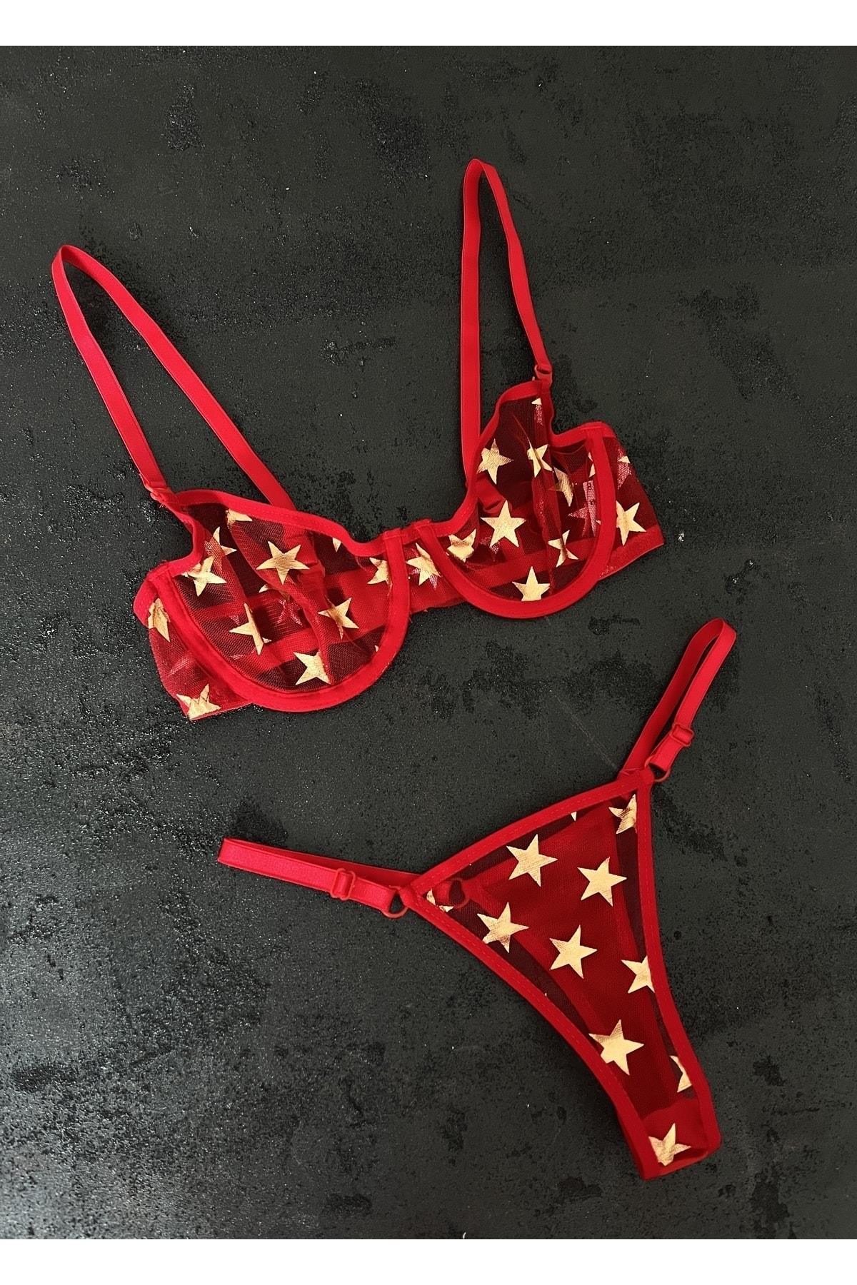Star Patterned Red Bralette Set